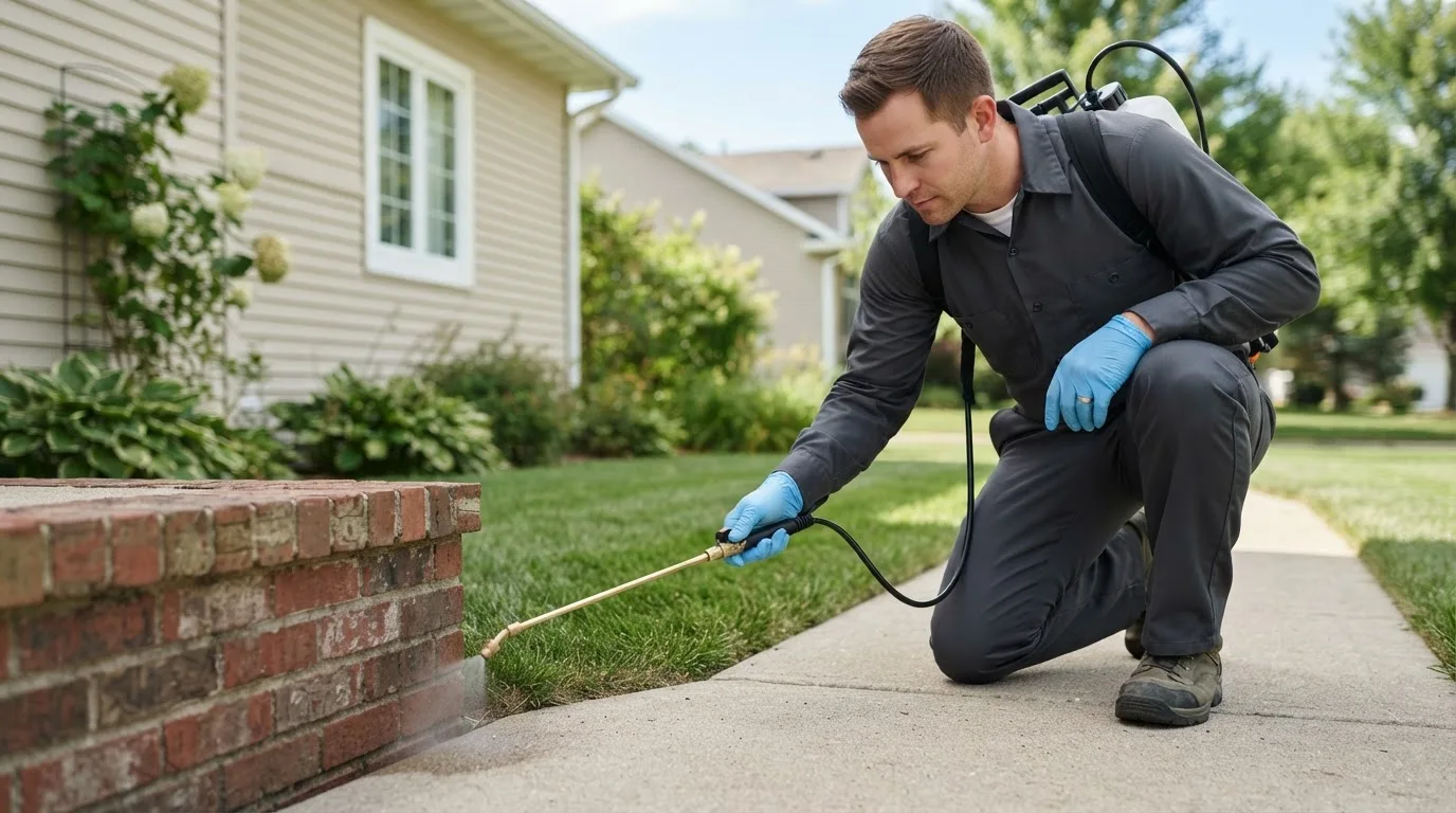 Pest control technician treating a home near Saint Lucas, IA
