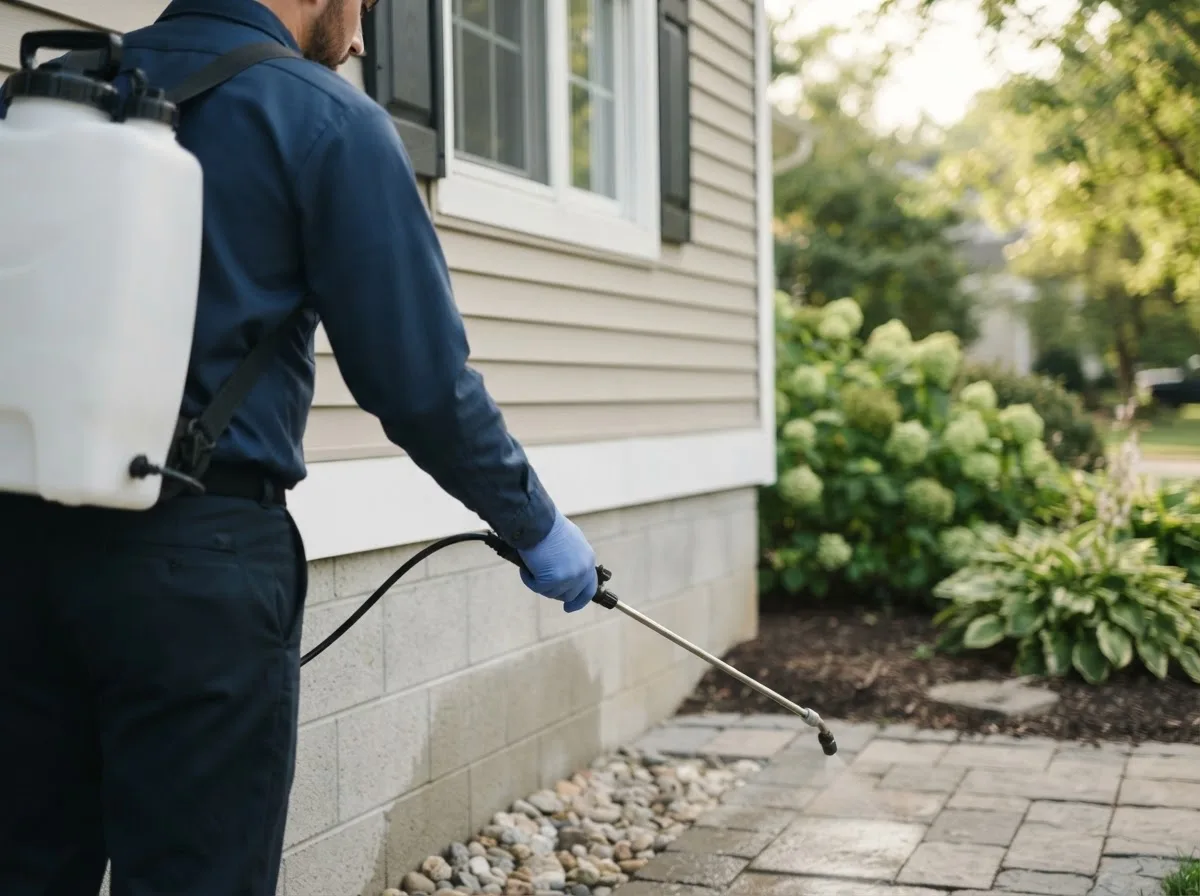 Pest control technician inspecting a home in Saint Lucas, IA